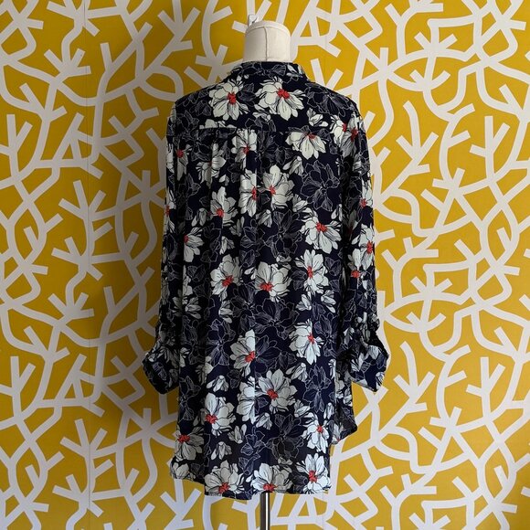 Lara Tropical Floral Print Navy Blue Orange White Caftan Shirt Mini Dress - M/L - Picture 3 of 4
